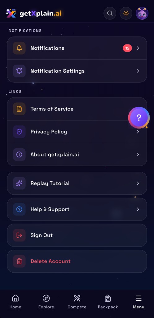 Menu screen with a red 'Delete Account' option at the bottom