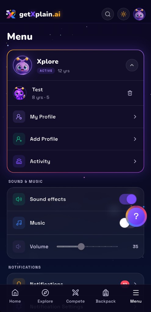 Menu screen showing multiple profiles, with a trash icon to delete a non-active profile
