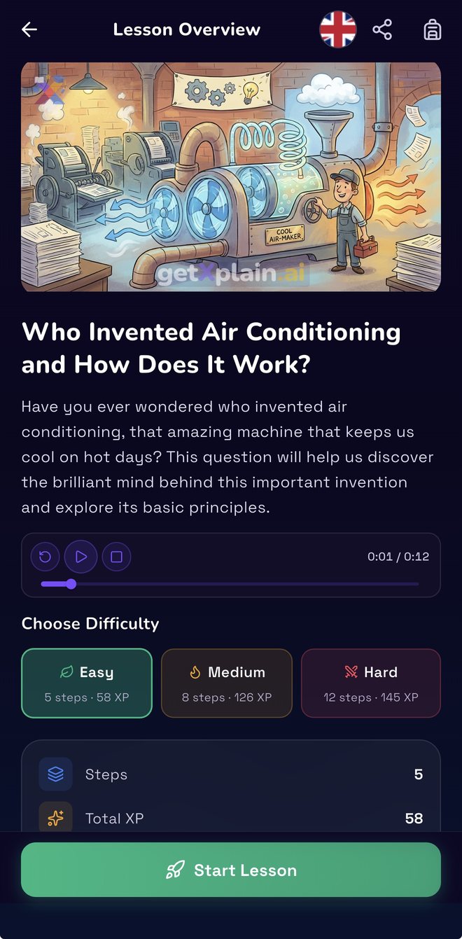 A lesson overview for “Who Invented Air Conditioning and How Does It Work?” with its own illustration, a narration player, and Easy, Medium and Hard difficulty cards.