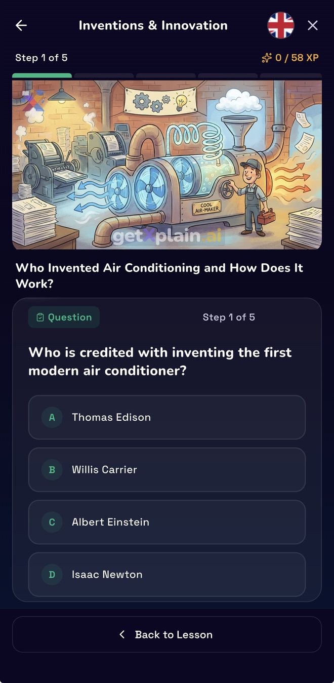 Step 1 of 5 of a lesson: a multiple-choice check asking who invented the first modern air conditioner, with four answer options and an XP counter.